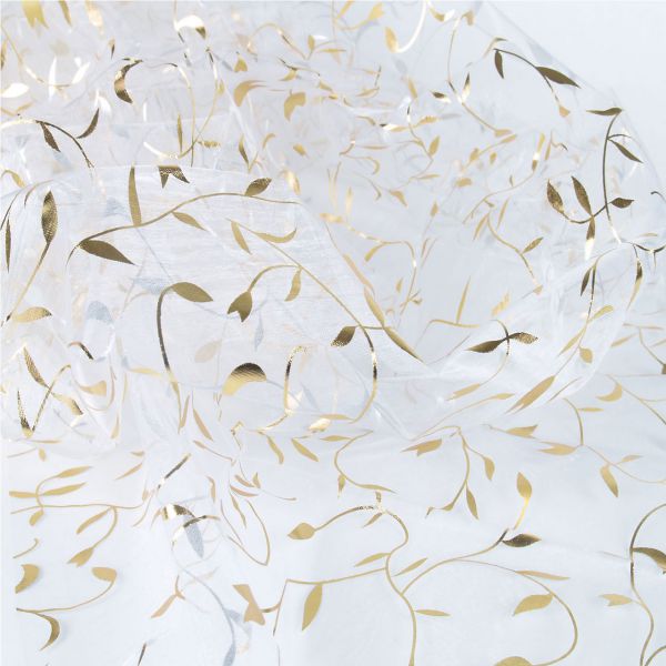 Dekostoff Organza, 150 x 200cm, florales Muster in silber/gold auf weiß